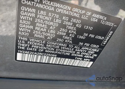 2024 Volkswagen Atlas Cross Sport 2.0T Sel R-Line z USA, uszkodzony, nr VIN 1V2AE2CA2RC225066